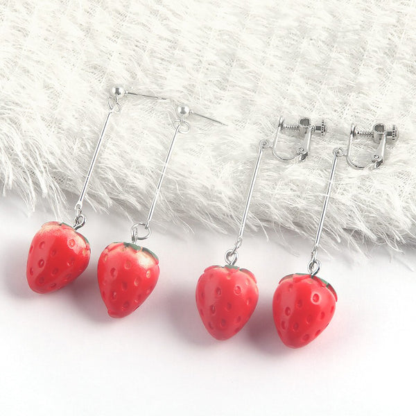 Korean Version Of Creative Fruit Earrings Temperament Simple Strawberry Ear Clip Sweet And Cute Girl Long Earrings Jewelry Gift