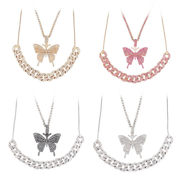 Fashion Luxury Butterfly Necklace Double Butterfly Crystal Pendant Thick Chain Charm For Necklace Woman Jewelry Accessories Gift