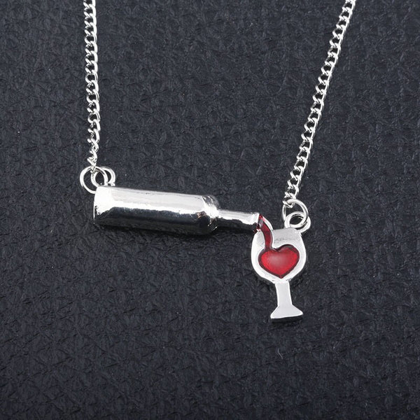 Wine Bottle Cup Tag Ladies Necklace For Women Men Metal Red Love Heart Pendant Jewelry Accessories Valentine's Day Gifts