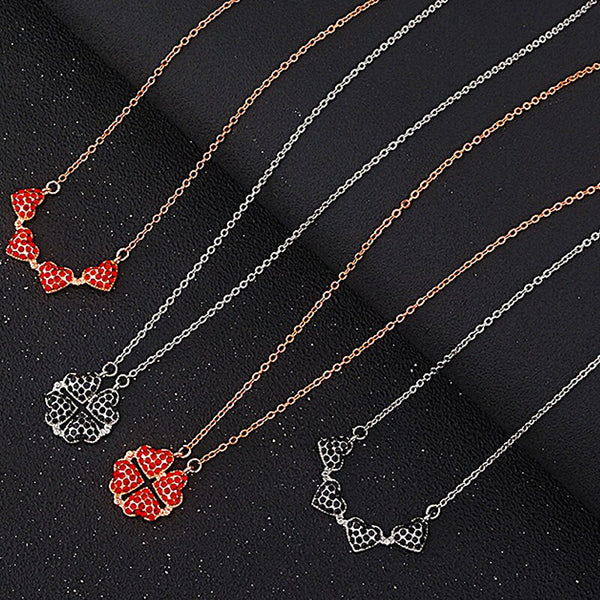 Fashion Women's Alloy Necklace Single And Double Sided Four-Heart Clover Full Crystal Pendant Can Be Opened And Closed Two Wear