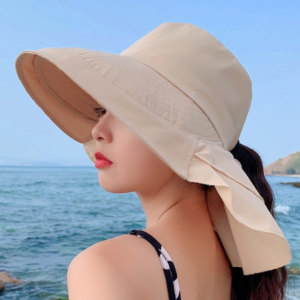 New Fashion Women Summer UV Protection Sun Hat Female Ponytail Bucket Hat With Neck Flap Outdoor Traveling Beach Cap