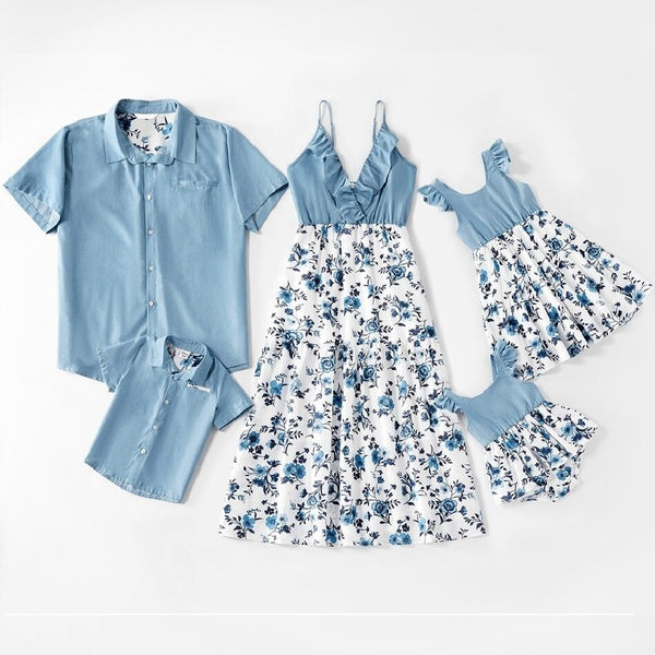 Summer Cotton Mom Dad Daughter Baby Family Clothes Flower Printed Ruffles Short Sleeve Cotton Shirt Dress Rompers Outfits