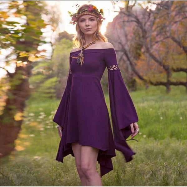 Medieval Forest Elven Elf Pixie Cosplay Kostüm Kleid Vintage Gothic Flare Sleeve Schulterfrei Elastisches Partykleid für Frauen