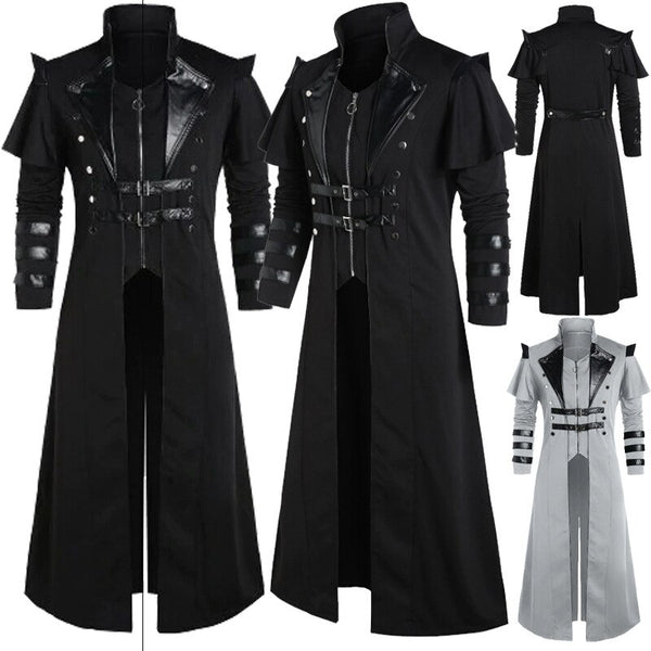 Medieval Steampunk Assassin Elves Pirate Costume For Men Black Vintage Long Split Jacket Gothic Court Party Armor Men Coats