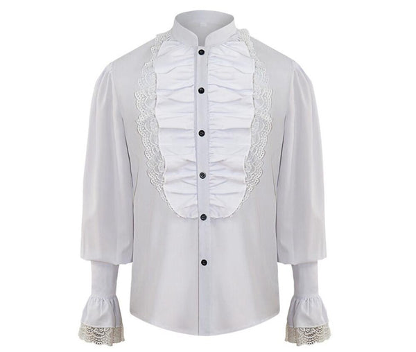 Viktorianisches weißes Stehkragen-Langarm-Herrenhemd Steampunk-Oberteile Mittelalterliche Cosplay-Kostüme Vintage Plus Size Gothic-Kleidung