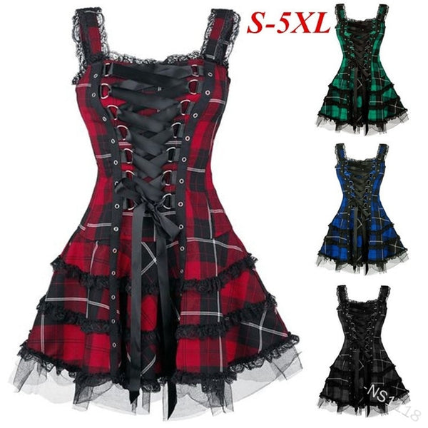 2020 Medieval Plus Size Women Dress Vintage Gothic Lace up Summer Party Dress Dark Lolita Costume Steampunk Mini Cosplay Dress