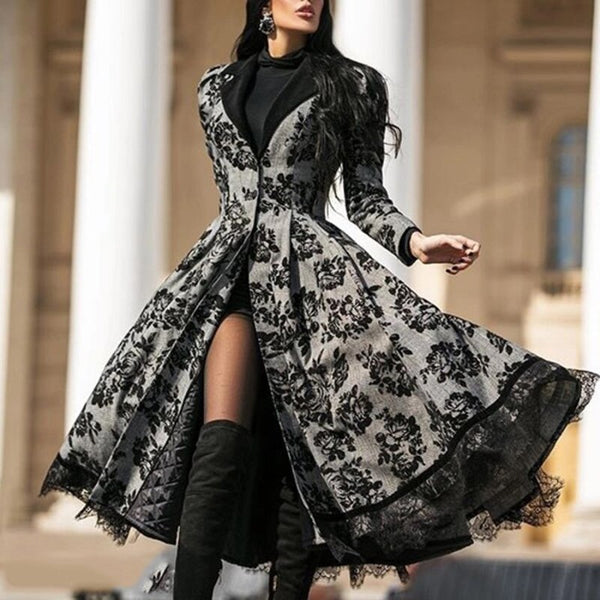 Mittelalterliches Cosplay Kostüm Spitze Blumenstickerei Schwarz Langarm Frau Kleid Renaissance Vintage Gothic Kleid