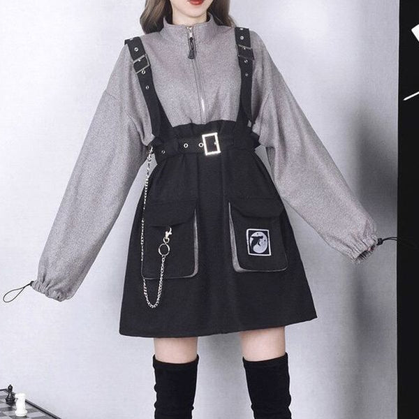 Retro Gothic Mädchen Punk Minikleider Vintage Frauen Hohe Taille Langarm Hut Kragen Sexy Gry Schwarz Lolita Plus Size Jurken