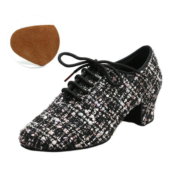 2021 Latin Dance Shoes for Women Girls Cloth Upper Closed Toe Middle Heel Modern Dance Waltz Social Dance Shoes Pink White Black
