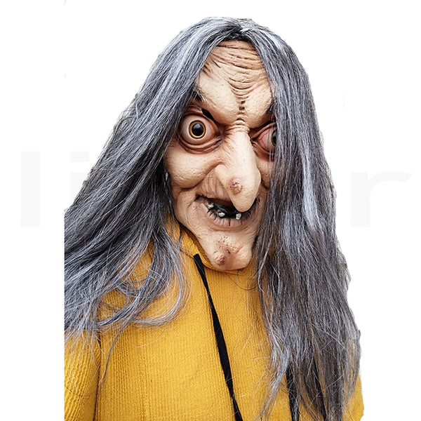 Scary Old Witch Mask Latex with Hair Halloween Fancy Dress Grimace Party Costume Cosplay Masks Props Adult One size
