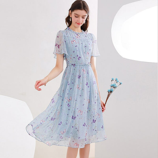 Women Chiffon Floral Print Dresses Female Sweet Midi Dress Transparent Short Sleeve Elegant Blue Fairy Dresses For Women Summer