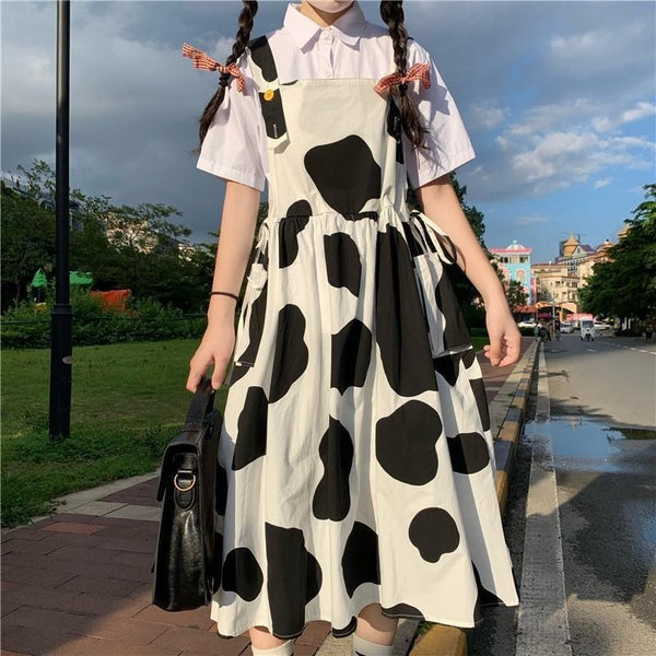 Women's Kawaii Cow Print Dress Lolita Milk Cute Sundress Japanese Harajuku Style Cute Kawaii Lolita Dress Outfit Mori Girl