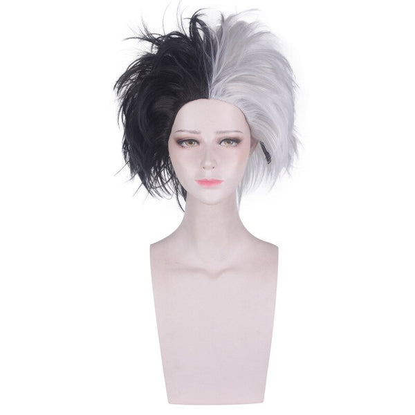 ICruella De Vil Half Black And White Short Wig Cosplay Costume Heat Resistant Synthetic Hair Men Women Halloween Party Wigs