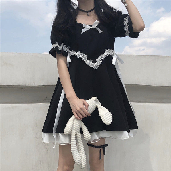 Summer Prom Gothic Lolita Dress Girl Sundress Japanese Harajuku Kawaii Cute Short Puff Sleeve Black Dress 2021 Goth Woman