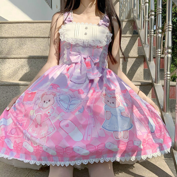 Lolita Dress Sweet Pink Purple Nurse Bear Jsk Straps Dress Girls Day Dress