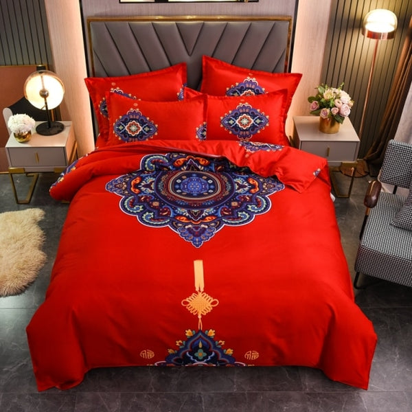 Luxury Flowers Horse Cotton Printed Wedding Gift Bedding Sets Orange Bedding Bedroom Sheet King Size Comforter Set