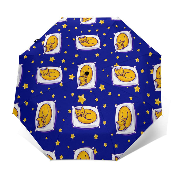 Automatischer Regenschirm Regen Damen Dreifach-Regenschirm Cute Sleeping Ginger Cat And Stars Winddichter Regenschirm Wasserdichter Sonnenschirm