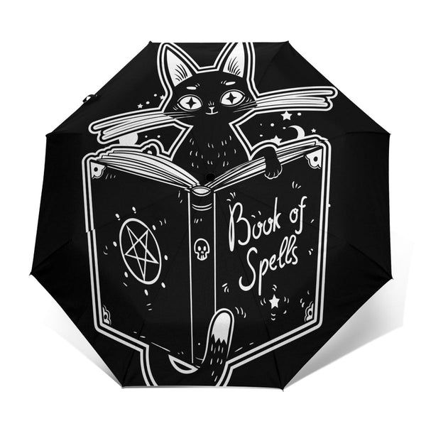Windbeständiger vollautomatischer Regenschirm Hexenkatze liest das Buch der dunklen Magie Regen 3 Faltbarer Sonnenschirm Reiseautoschirm