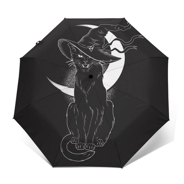 Windbeständiger vollautomatischer Regenschirm Schwarze Katze mit spitzem Hexenhut Art Dot Work Rain 3 Faltbarer Sonnenschirm Reiseautoschirm