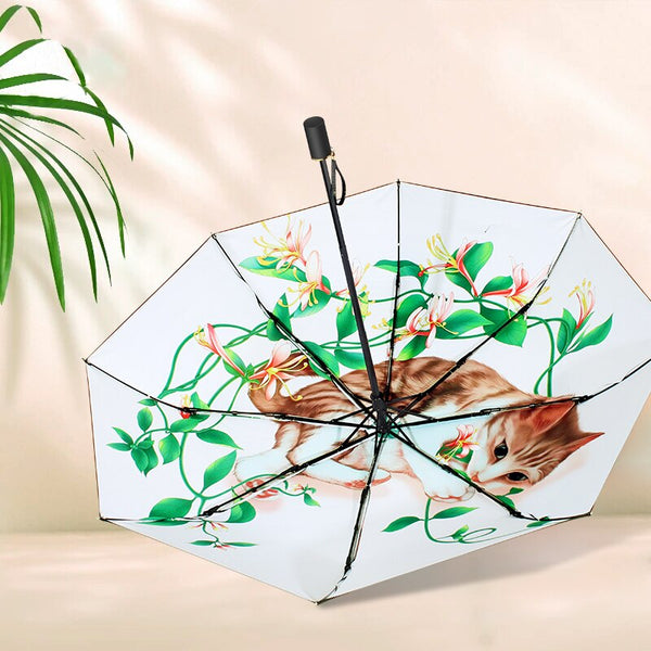 Süße Katzen-Regenschirme für Frauen, sonniger Regenschirm, Sonnenschirm, Anti-UV-Dame, kleine schwarze Regenschirme, 3 zusammenklappbar, superleicht, Guarda Chuva
