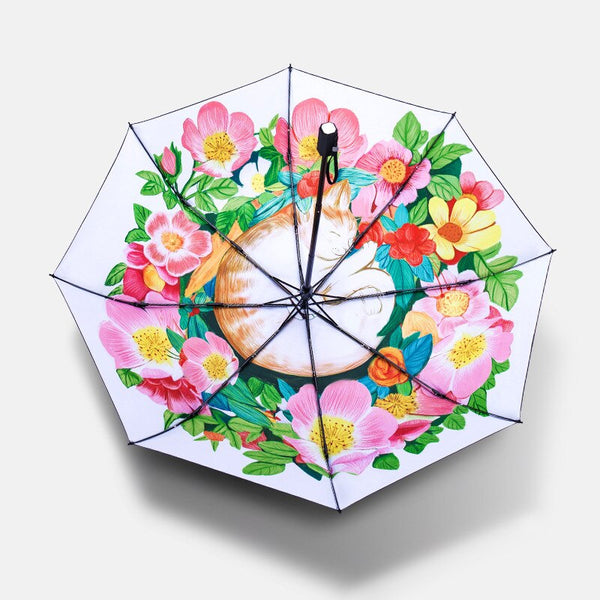Bunte Kunst Illustration Cartoon Katze in Blume Sonne Regenschirme für Frauen 3 faltbare Verdickung 8 Rippen Sonnenschirm Regenschirm