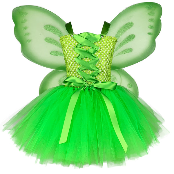 1 Set Kid Tinkerbell Tutu Dress Baby Girls Green Garden Fairy Dress with Fairy Wing Child Birthday Halloween Fairy Costume Outfi
