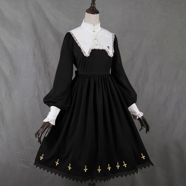 Lolita Style Women Dress Goth Medieval Retro Lace Lantern Sleeve Gothic Dresses Plus Size S-5XL Big Swing A-line Vestidos 2021