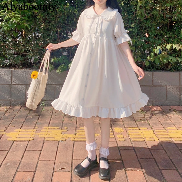 Japanese Lolita Style Summer Women White Dress Peter Pan Collar High Waist Loose Dress Flare Sleeve Chiffon Cute Kawaii Dresses