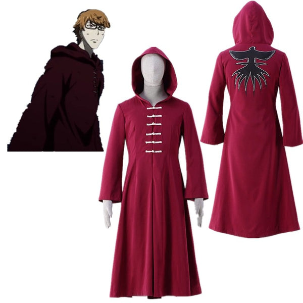 A set of images showcasing a red cosplay costume with a hood and decorative bird emblem on the back, inspired by the anime Tokyo Ghoul.