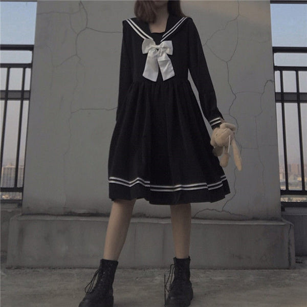 Japanese Lolita Dress Kawaii Sweet Bowknot Robes Long-Sleeve Black Knee-Length Navy Dress Preppy Party Women Dress Summer 2021