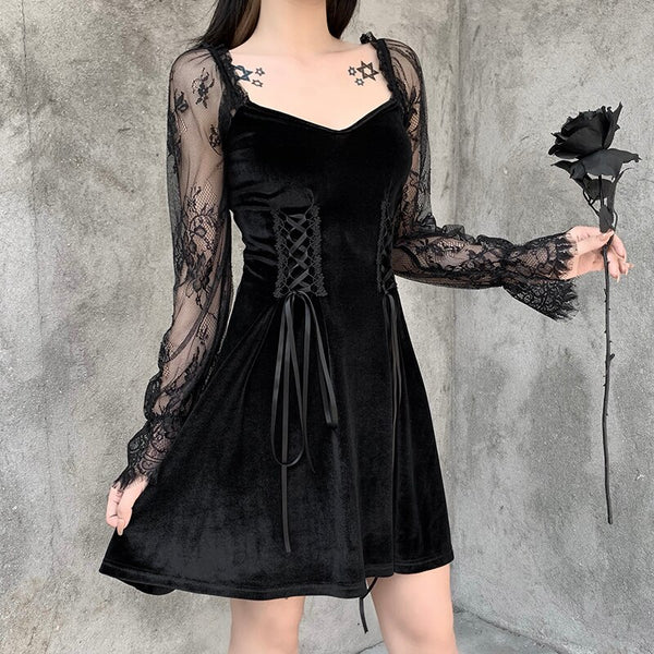 Gothic Lolita Bandage Black A-Line Dress Women Vintage Sexy Lace Puff Sleeve Dress Aesthetic Elegant High Waist Party Dresses