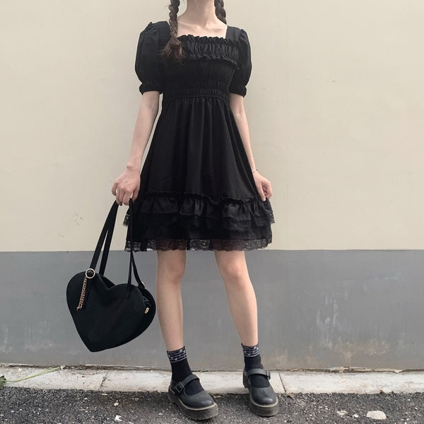 Zoki Elegant Princess Mini Dress Summer Lolita High Waist Sexy Black Lace Plus Size Dress Gothic Puff Sleeve Party Vestidos 2021