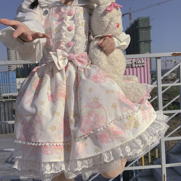 Damen Retro Special Style Cartoon Ärmellos Schleife Spitze Prinzessin Kleid Japanisch Sweet Kawaii Jsk Lolita