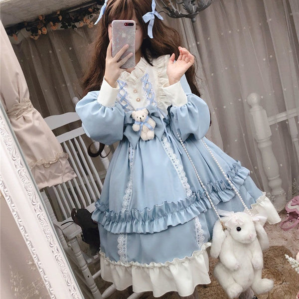 Cute Girl Lolita Dress Flouncing Lace Trim Japanese Gothic Lolita Dress Women Kawaii Bow Blue Long Sleeve Princess Dress