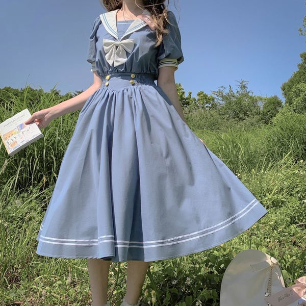 2021 Sommer Japanisch Lolita Sweet Bow-Knoten Retro Baumwolle Kawaii Adrette Kurzarm Kleid Damen Matrosenkragen Navy Kleid