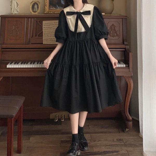 HOUZHOU Elegant Vintage Dress Woman Summer 2021 Kawaii Maxi Dresses Sweet Cute Puff Sleeve Preppy Style Sundress Lolita Outfits