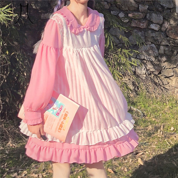 Japanese Sweet Pink Lolita Op Dress Gothic Soft Girl Cute Vintage Ruffle Maid Cosplay Black Dress Women Kawaii Two-Piece Dresses