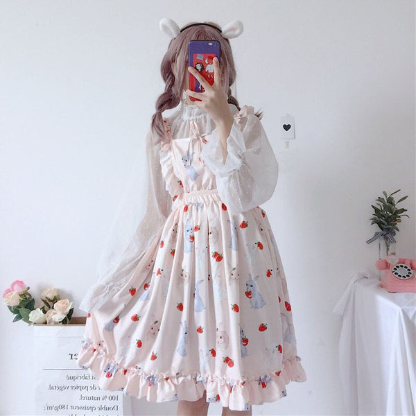 Kawaii Lolita Kleid Damen Slingkleider Häschen Bedrucktes A-Linie Midikleid Süß