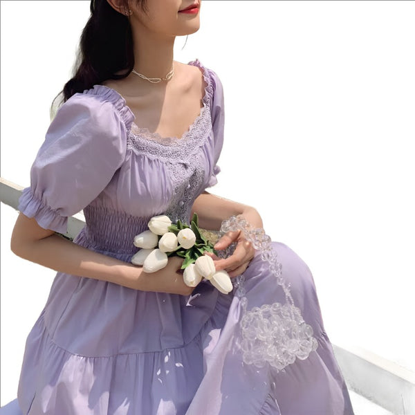 2021 Purple Elegant Lace Long Maxi Dress Vintage Square Collar Female Franch Dress Casual Holiday Lady Vestidos