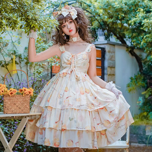 Lolita Victorian Vintage Damen Ärmelloses Honey Lemon Print Princess Party Kleider Mädchen Japanisches süßes Kawaii Jsk Lolita Kleid
