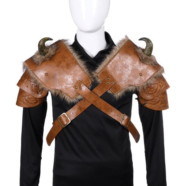 Historical  Medieval Warrior Men Armour Costume Cosplay LARP Adult PU Leather Brown Fur Viking Shoulder Armor with Horn