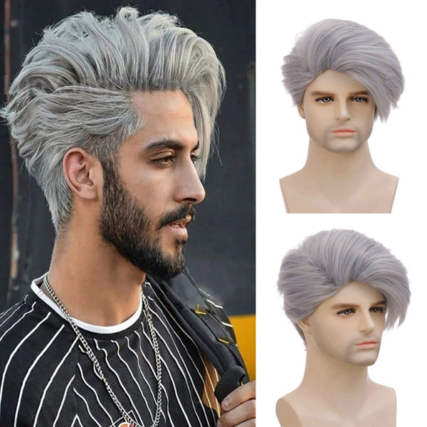 Men Short Straight Grey Synthetic Wig Heat Resistant Fiber Wig With Long Bang For Male Party Cosplay Use