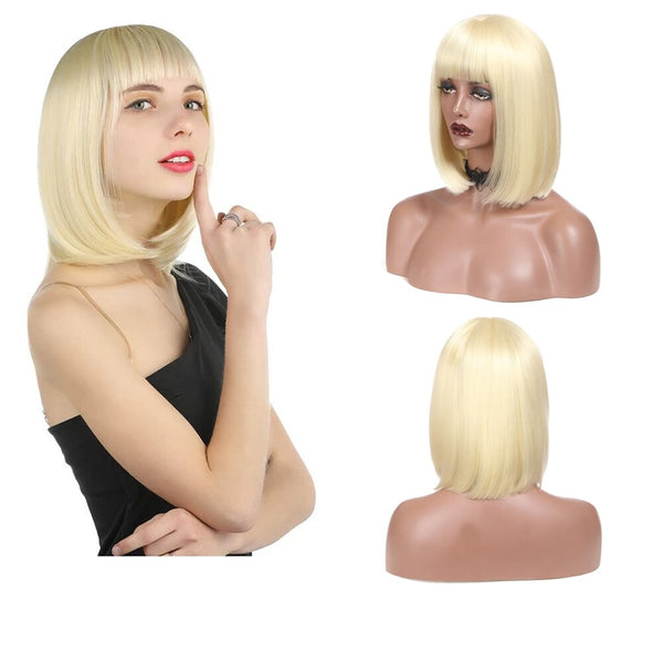 Straight Short Bob Wig With Bangs Synthetic Wig 12 Inches For Women Brown Ombre Blue Purple Pink Wigs For Cosplay Daily