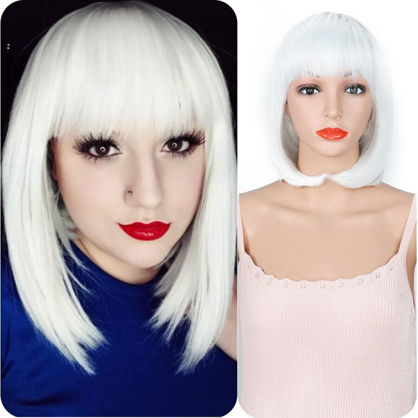 Women's Short Square Bob Wigs with Neat Bangs Synthetic White Brown Cosplay Wig Natural Black