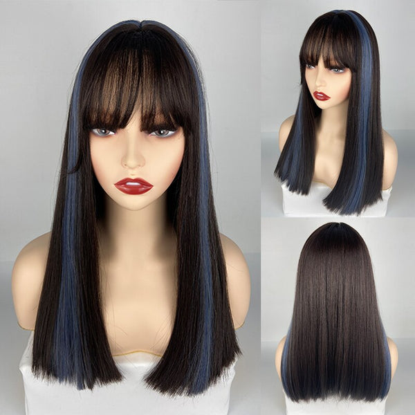 Schwarze synthetische Perücke mit blauer Seitenperücke für Frauen Medium Omber Hochtemperaturfaser Lolita Perücke Cosplay Haarperücke
