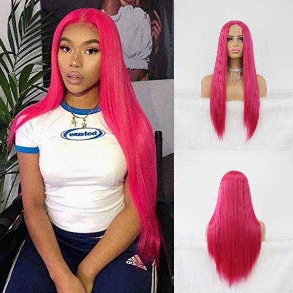 Long Straight Hair Raspberry Pink Color Natural Hair Line None Lace Wigs for Fashion Women Heat Resistant Synthetic