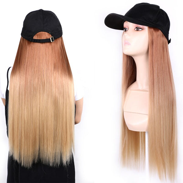 Long Straight Synthetic Baseball Cap Hair Wig Natural Black Ombre Grey Connect Synthetic Hat Wig Adjustable For Girl