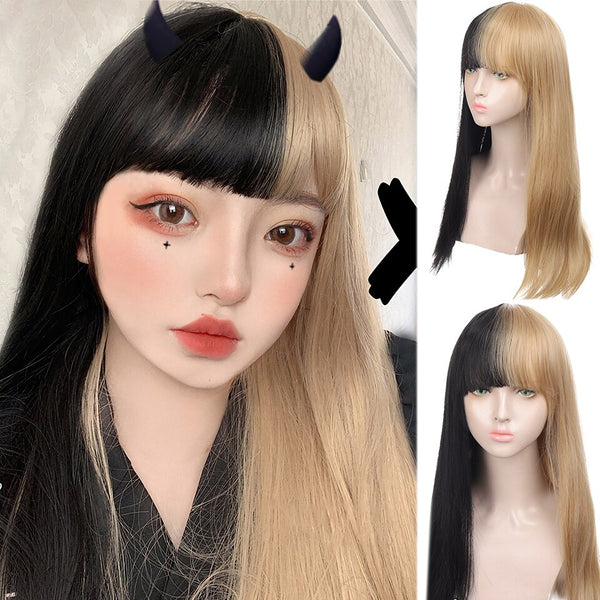 Synthetic Long Straight Kawaii Lolita Wig with bangs Heat Resistant Fiber Cosplay Wigs for women Daily Natural wigs