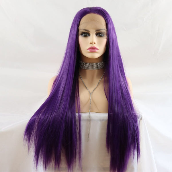 Long Straight Synthetic Lace Front Wigs Heat Resistant Purple Wig Natural Hair Cosplay Wig For Women 180 Density 22-24 inch