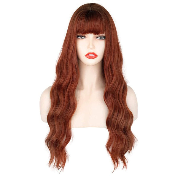 Brown Cosplay Synthetic Wig Long Wavy Wigs for Women Cosplay Party Fake Hair Wig with Bangs Natural Looking